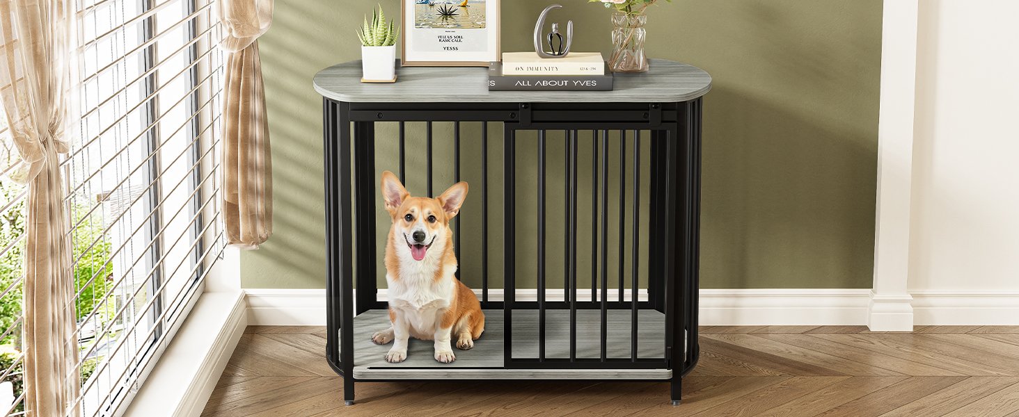 Furniture Style Dog Crate For Small And Medium Dogs, Wooden Cage Indoor Kennel Furniture, Modern Dog Crate End Table With Double Doors - Gray - Image 9