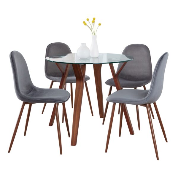Folia - 5 Piece Round Pebble Mid-Century Modern Dining Set - Walnut / Gray