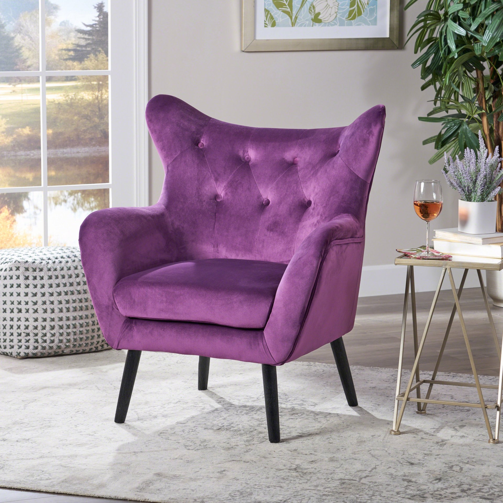 Alyssa - Velvet Arm Chair With Wingback Design - Fuchsia - Image 2