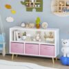 Kids Bookcase With Collapsible Fabric Drawers, Children's Book Display, Toy Storage Cabinet Organizer - White / Pink - Image 5