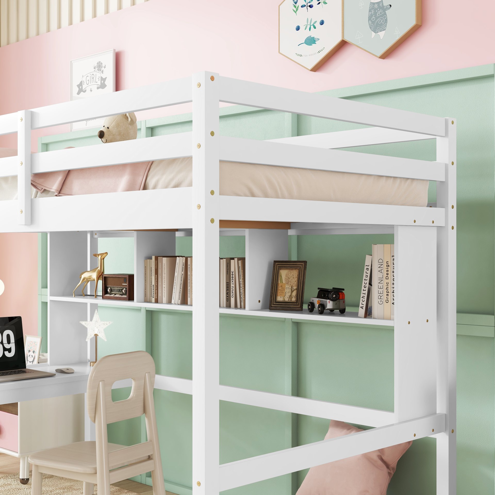 Twin Size Loft Bed With Desk And Shelves, Safety Guardrail And Ladder - White - Image 6
