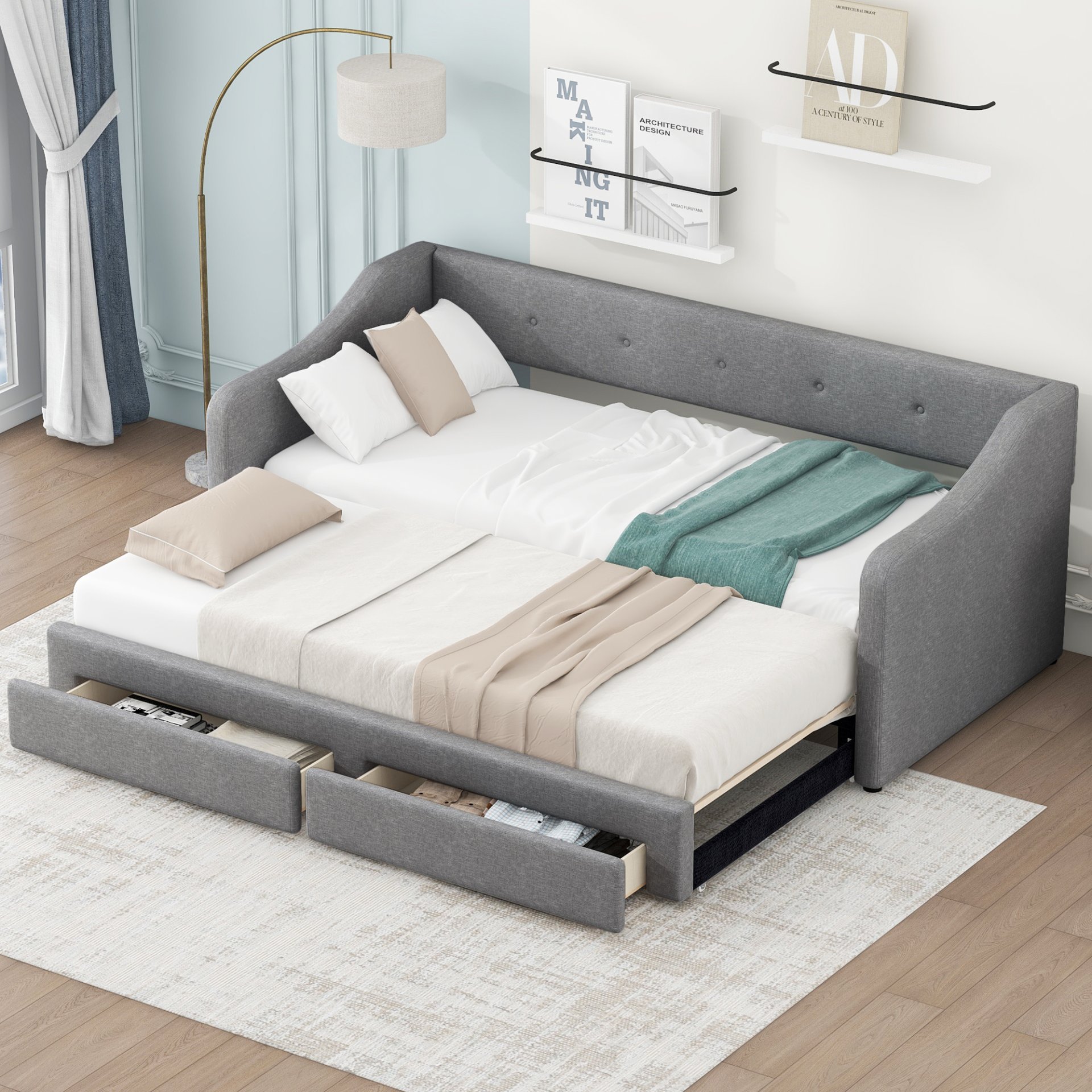 Twin Long To King Size Upholstered Daybed With 2 Drawers, Foam-Padded Sides And Back - Gray - Image 4