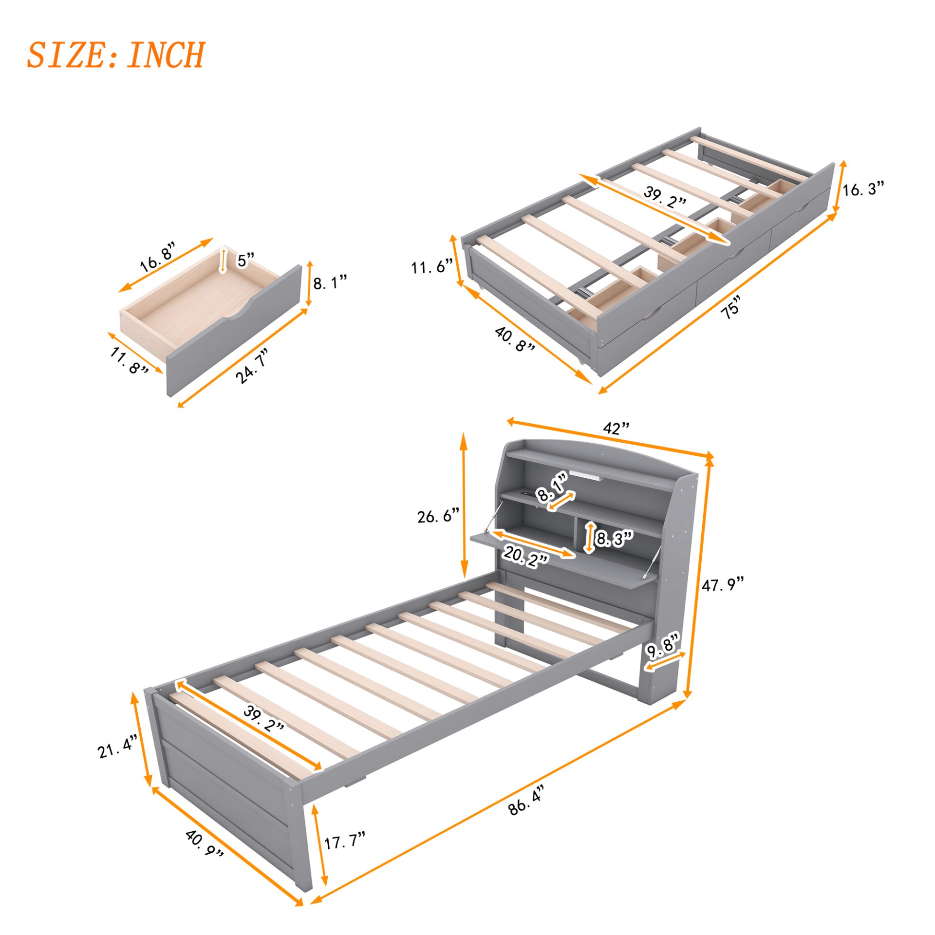 Twin Size LED Platform Bed With Trundle With Storage Headboard With Drawers - Gray - Image 8