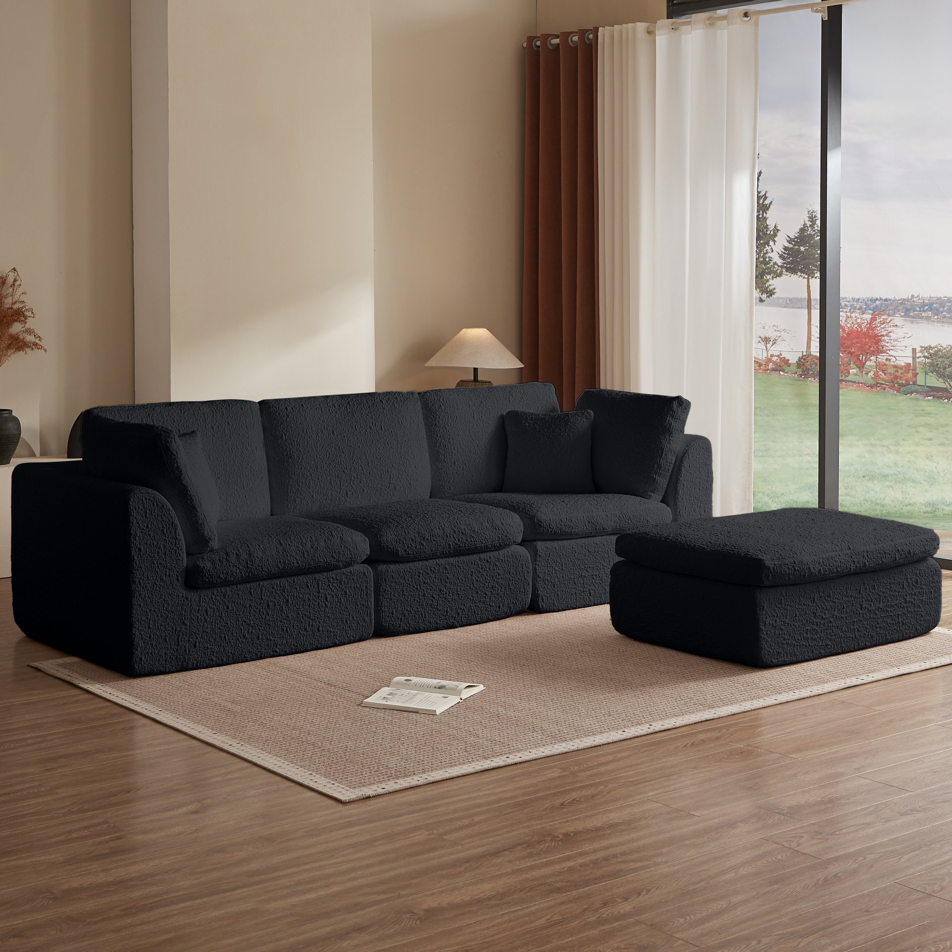 Cloud L Shape Modular Sectional Sofa With Ottoman, 3 Seater Convertible Couch - Black - Image 5