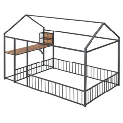 Full Size Bed House Frame With Desk, Shelves, Power Outlets And USB Ports - Black