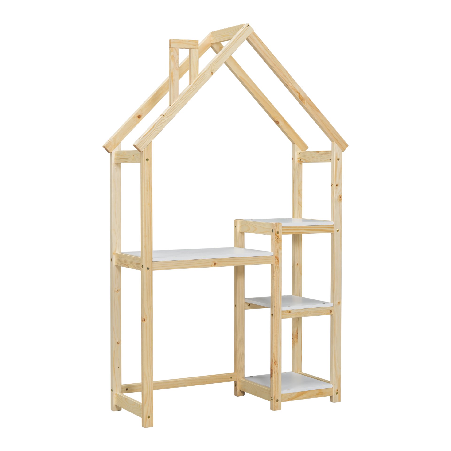 House-Shaped Wooden Writing Desk, Kids Study Table, Bookshelf & Toy Storage - Natural - Image 10