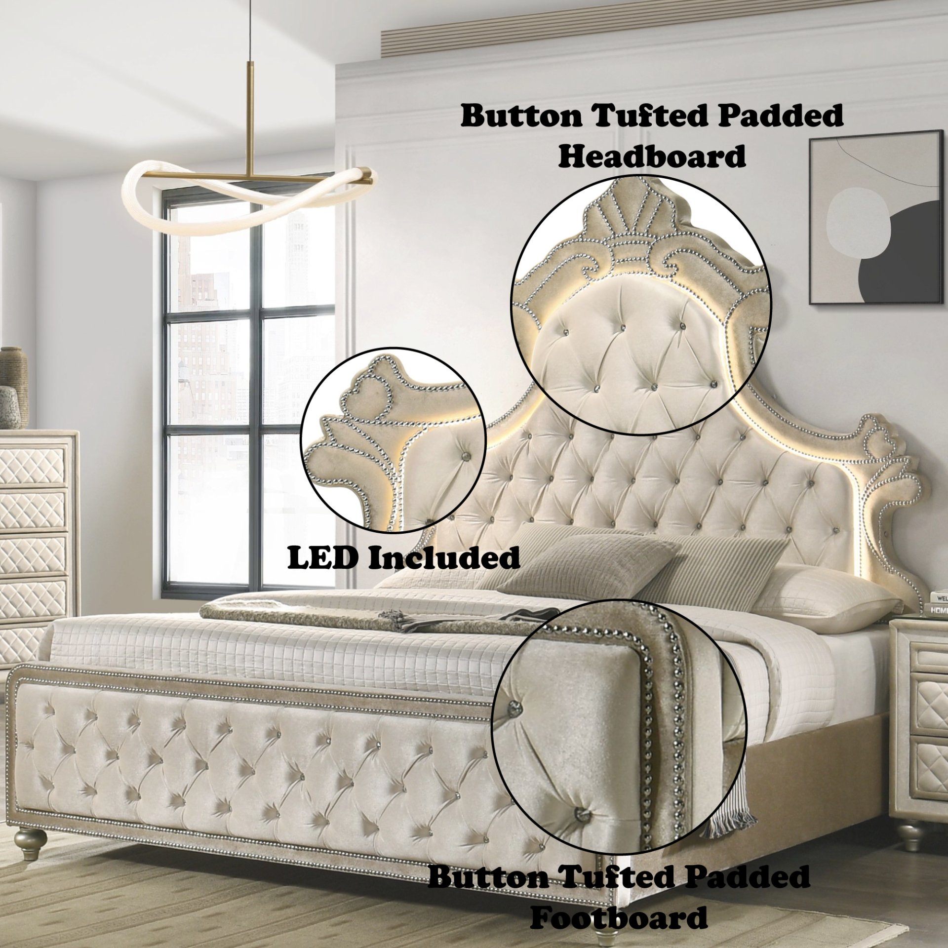 Lucienne - Eastern King Bed With LED - Beige - Image 5