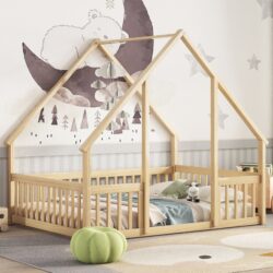 Full Wood House-Shaped Floor Bed With Fence, Guardrails - Natural