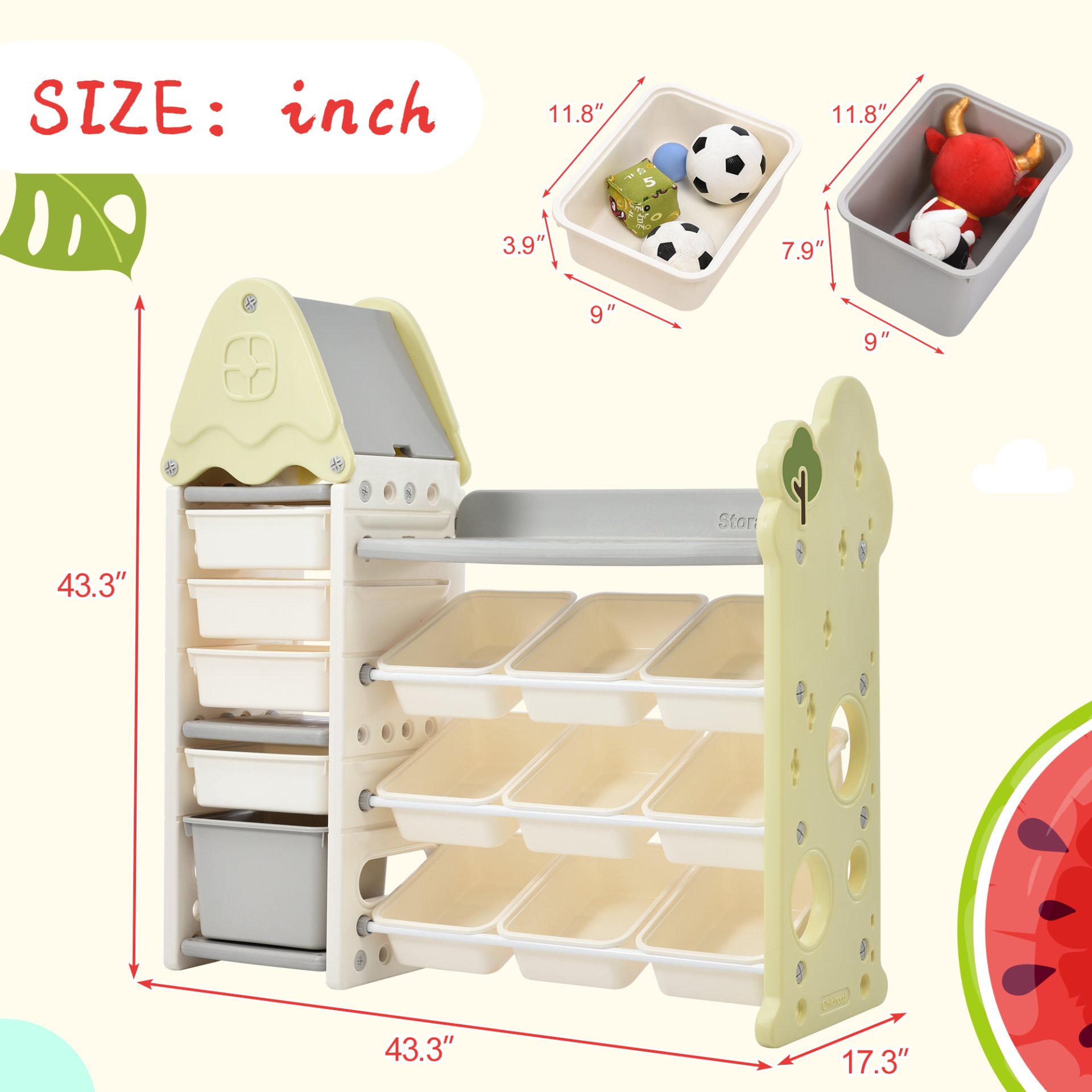 Kids Toy Storage Organizer With 14 Bins, Multi-Functional Nursery Organizer Kids Furniture Set Toy Storage Cabinet Unit With HDPE Shelf And Bins For Playroom, Bedroom, Living Room - Light Green - Image 4