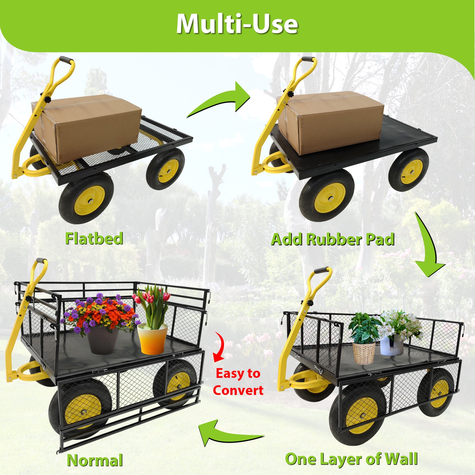 Steel Garden Cart, Heavy Duty 1400 Lbs Capacity, With Removable Mesh Sides To Convert Into Flatbed, Utility Metal Wagon With 2-In-1 Handle And 16 In Tires, Perfect For Garden, Farm, Yard - Black - Image 6