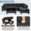 Modern Sectional Sofa With Storage Ottoman, L - Shape Couch With 2 Pillows And Cup Holders - Black - Image 7
