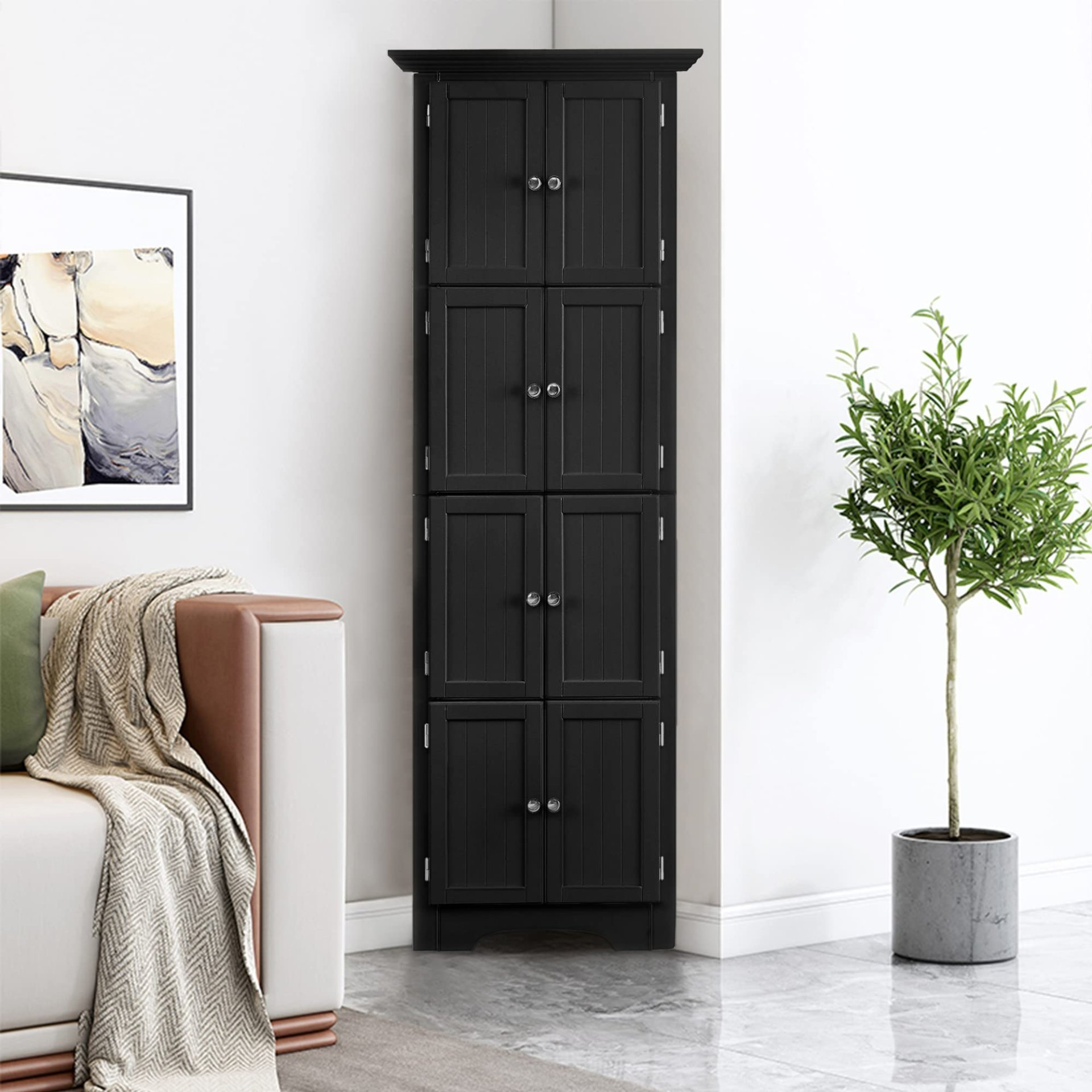 Tall Storage Cabinet With Doors And 4 Shelves For Living Room, Kitchen, Office, Bedroom, Bathroom, Modern - Black - Image 5