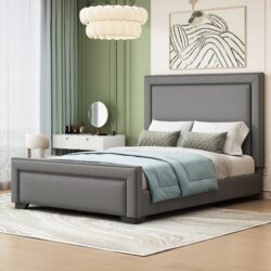 Queen Size Upholstered Bed With Slats Support, No Box Spring Needed - Gray