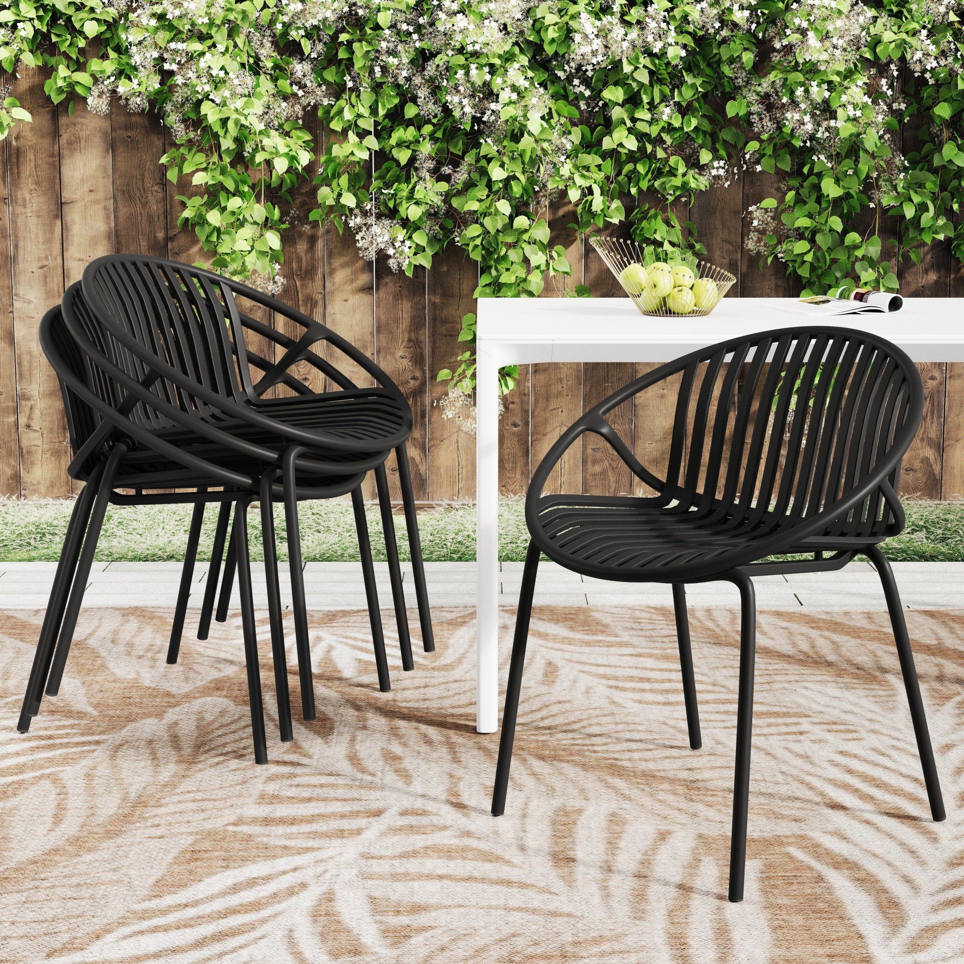 Modern Simple Art Style Patio Dining Chairs With Breathable Design, Metal Legs And Plastic Backrest (Set of 2) - Black - Image 6
