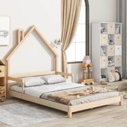 Full House-Shaped Headboard Bed With Handrails, Slats - Natural