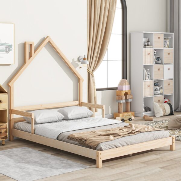 Full House-Shaped Headboard Bed With Handrails, Slats - Natural