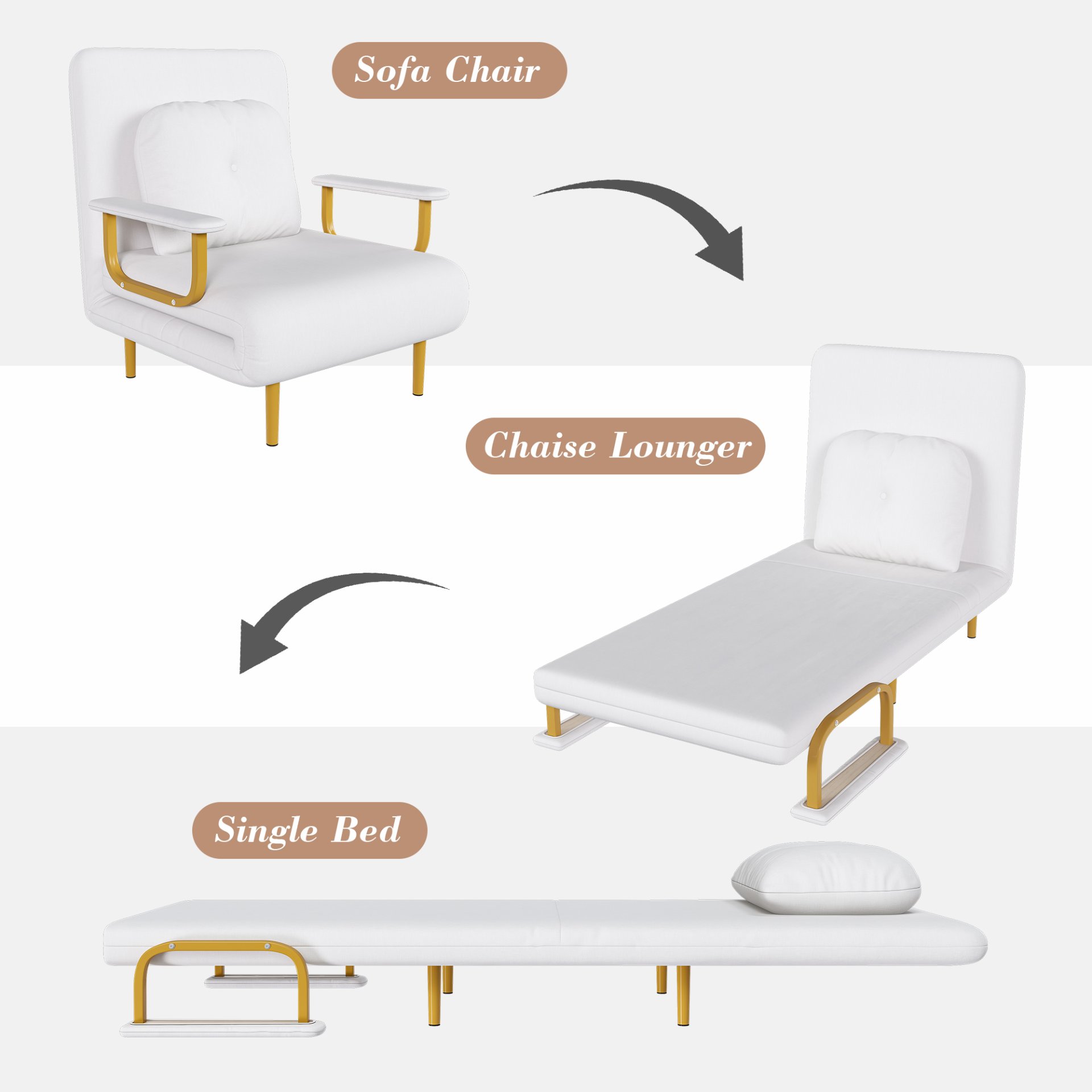 3 In 1 Convertible Folding Sofa Bed With Adjustable Backrest And Pillow - White - Image 13