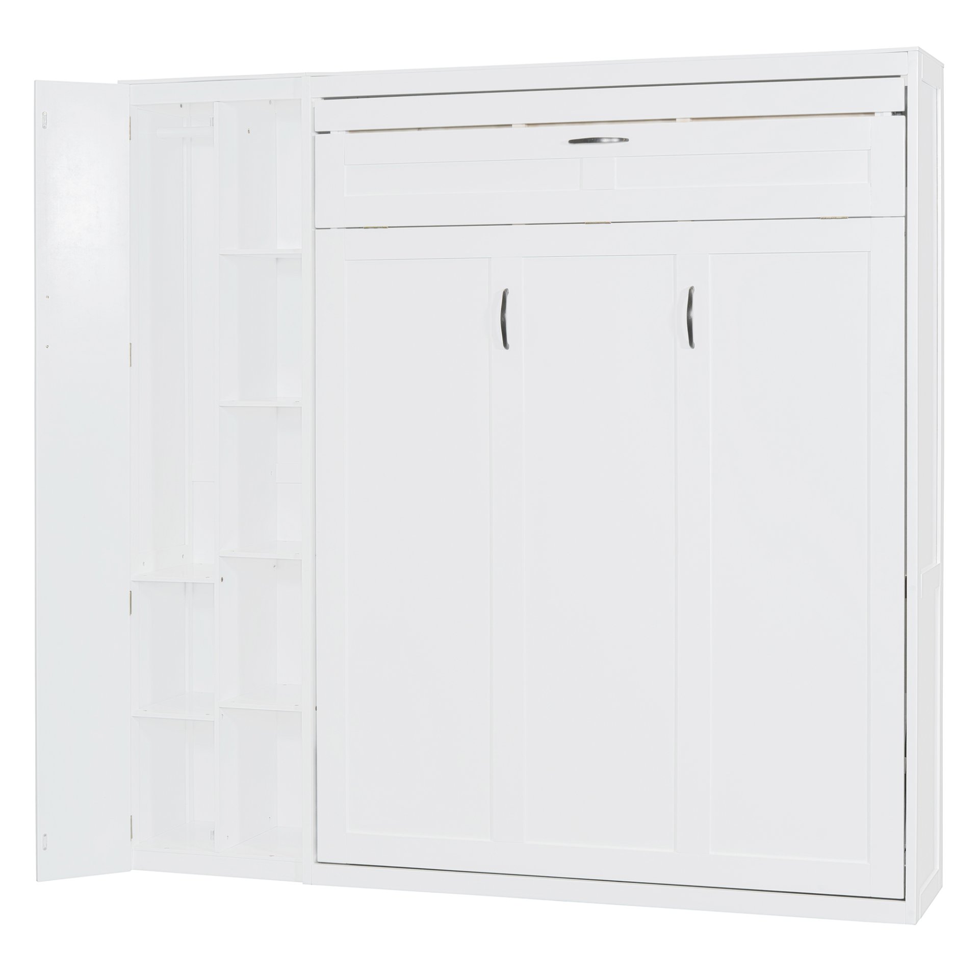 Full Size Murphy Wall Bed With Shelves, Wardrobe And LED Lights - White - Image 10