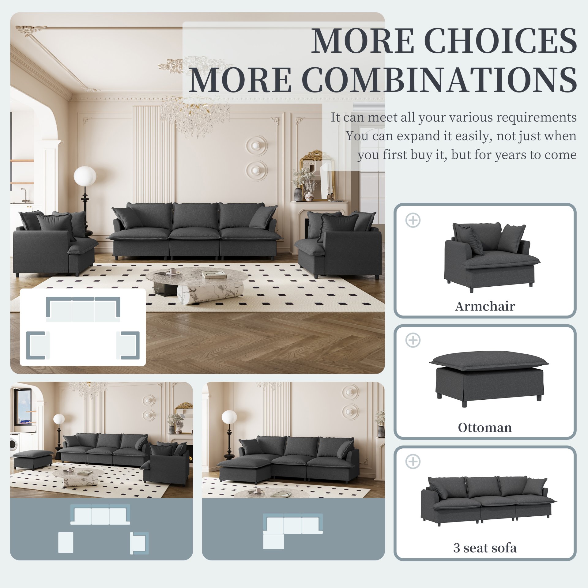 3 Piece Living Room Set Modular Sectional Couch Upholstered 3 Seater Sofa & 2 Armchairs 5 Seat - Gray - Image 4