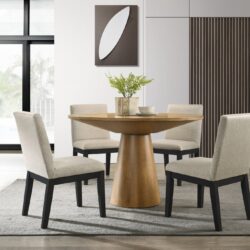 Jasper - 5 Piece Wide Contemporary Round Dining Table With Black Finish Chairs (Set of 5) - Driftwood Finish