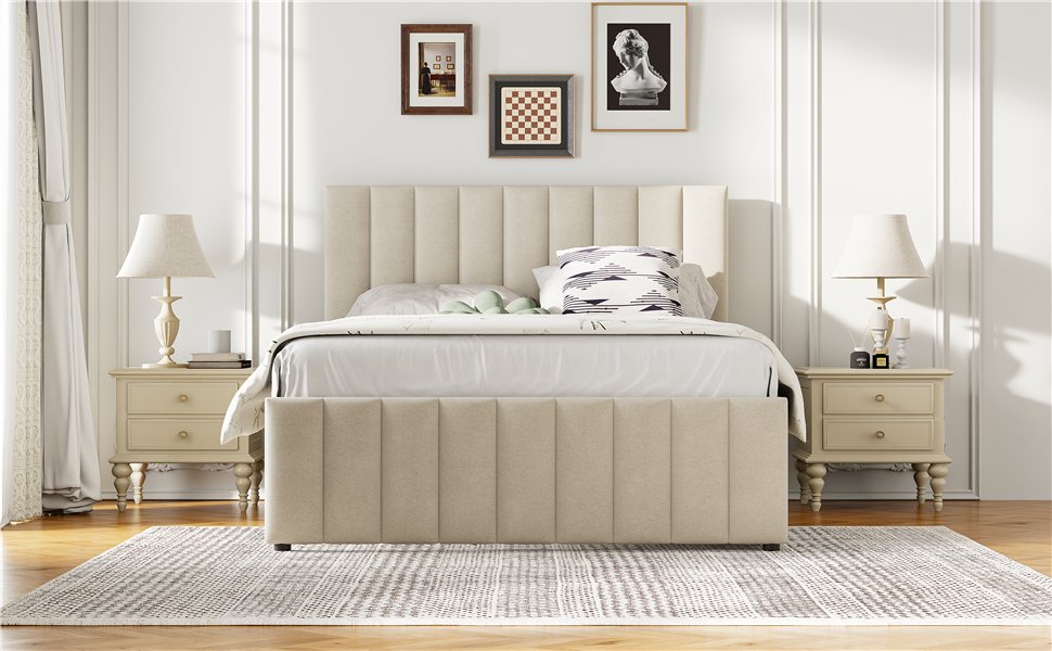 Full Size Upholstered Platform Bed With Twin Size Trundle And 3 Drawers - Beige - Image 16