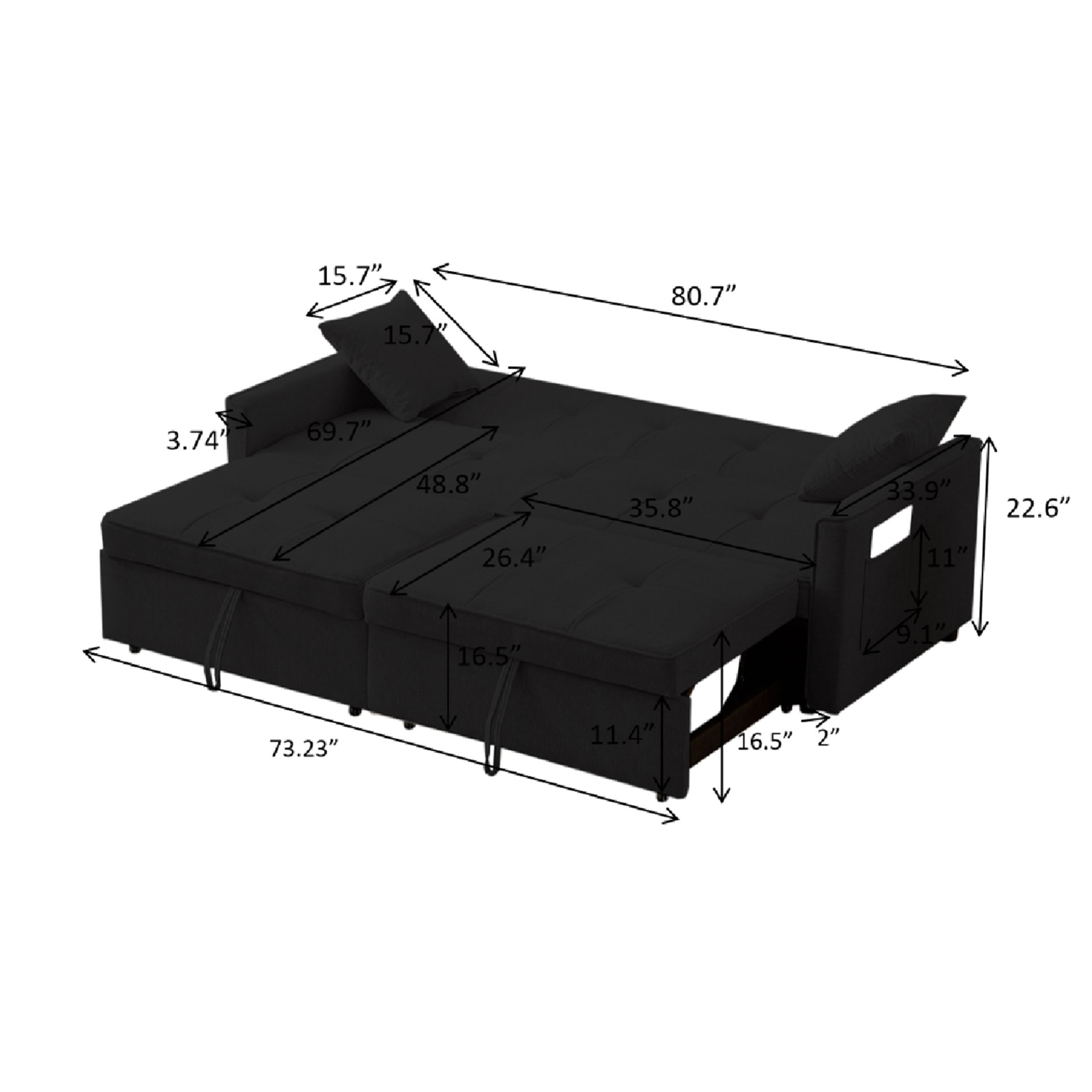 3 In 1 Convertible Sleeper Sofa Bed, Modern Fabric Loveseat Futon Sofa Couch Pullout Bed, Small Love Seat Lounge Sofa Reclining Backrest, Pillows, Pockets, Home Furniture For Living Room - Black - Image 11