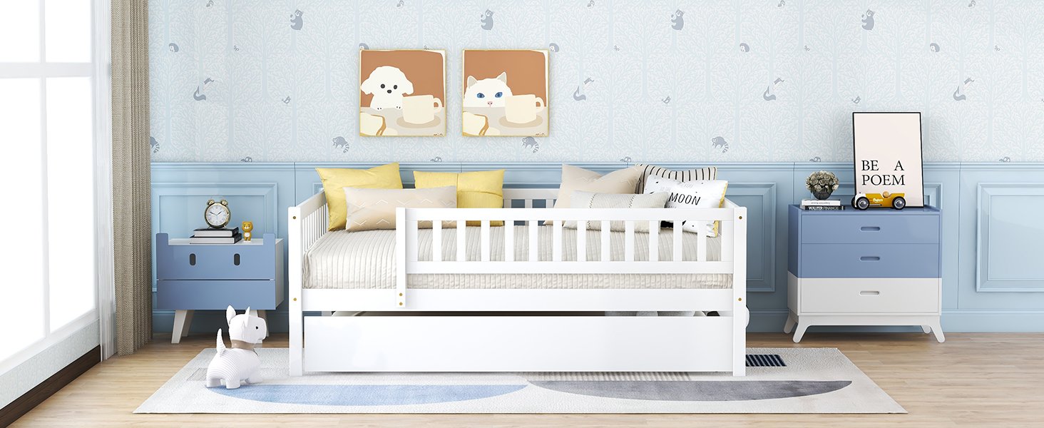 Full Size Daybed With Trundle And Fence Guardrails - White - Image 18