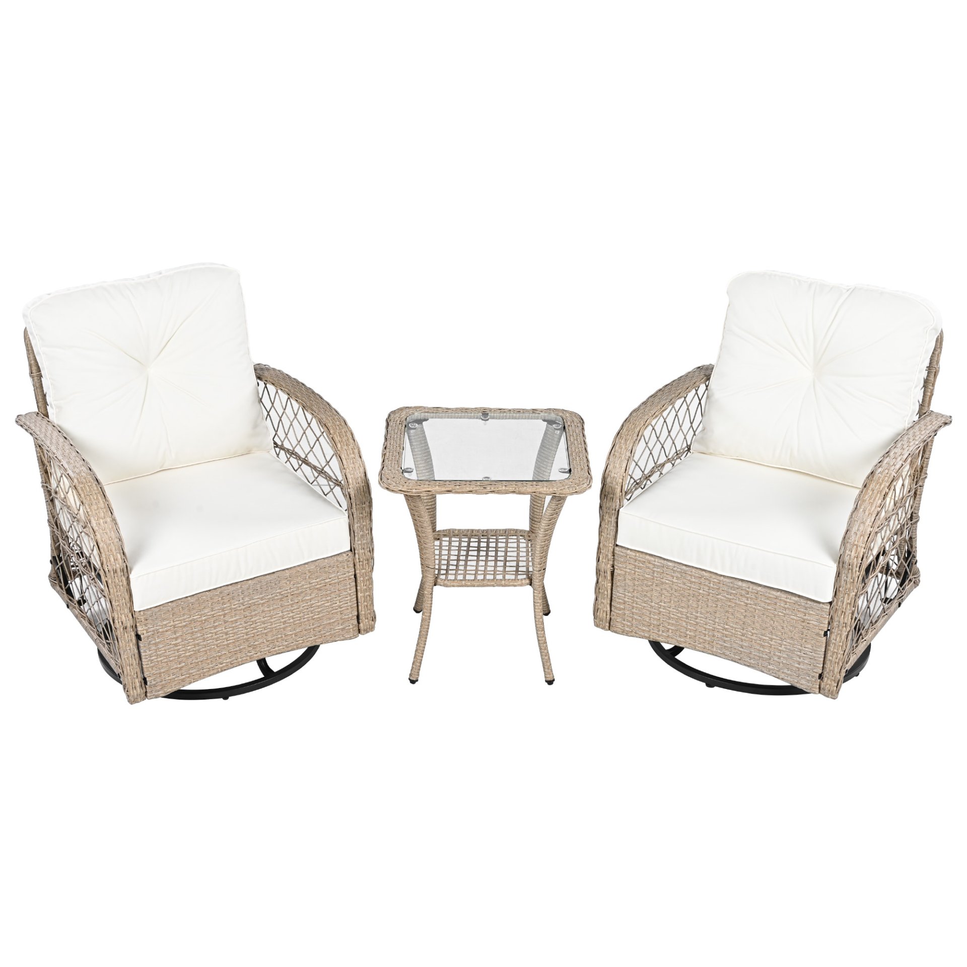 3 Piece Outdoor Chair & Table Set Chat Set 2 Person Rattan Seating Group With 2 Swiveling And Rocking Chairs And A Square Table For Garden, Patio, Or Balcony - Natural - Image 11