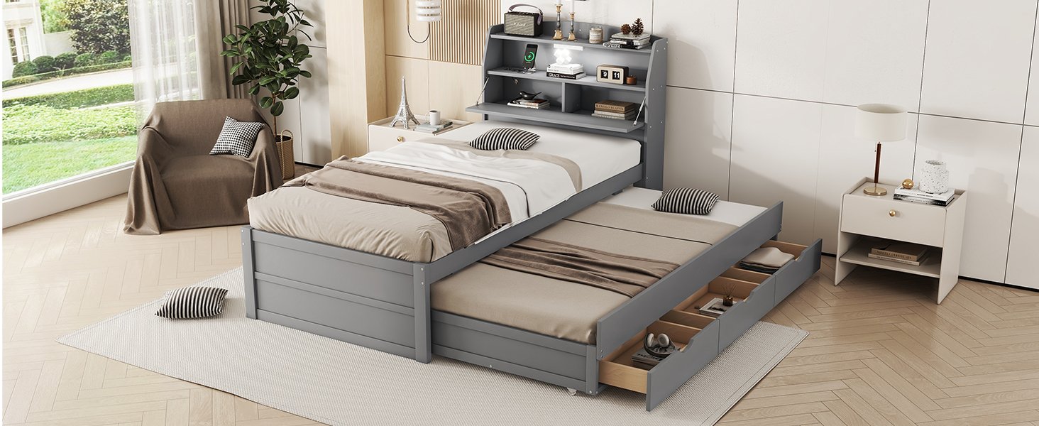Twin Size LED Platform Bed With Trundle With Storage Headboard With Drawers - Gray - Image 19