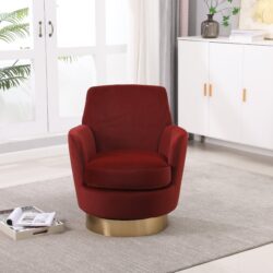 Velvet Swivel Barrel Chair, Swivel Accent Chairs Armchair For Living Room, Reading Chairs For Bedroom Comfy, Round Barrel Chairs With Gold Stainless Steel Base - Brownish Red