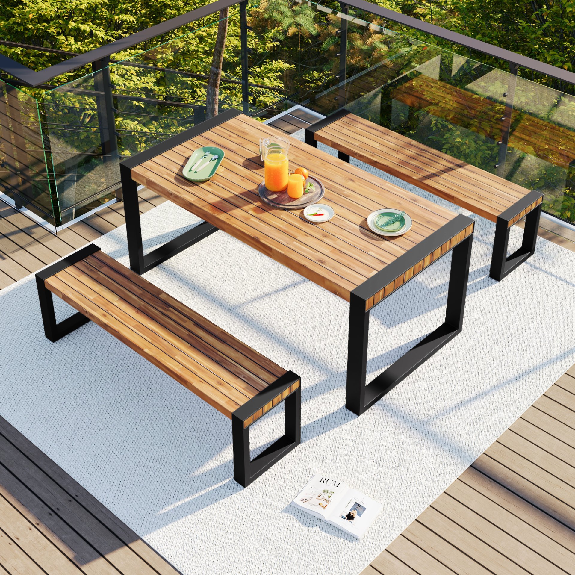 3 Pieces Outdoor Dining Table With 2 Benches, Patio Dining Set With Unique Top Texture, Acacia Wood Top & Steel Frame, All Weather Use, For Outdoor & Indoor - Natural - Image 2