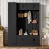 Tall Hall Tree With Shoe Storage, 4 In 1 Entryway Bench With 6 Cabinets, 4 Coat Hooks & Adjustable Shelf For Hallway - Black - Image 4