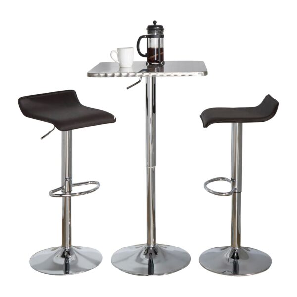 Ale - 3 Piece Bar Set Bistro Square Contemporary Adjustable Oval Footrest - Silver / Chrome / Brown