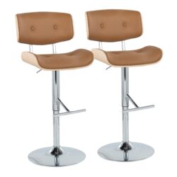 Lombardi - Contemporary Adjustable Barstool With Swivel With Straight T Footrest (Set of 2) - Chrome / Natural / Camel