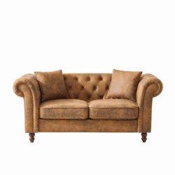 Mid Century Modern Chesterfield Sofa, Roll Armrest, Upholstered 2 Seater Couch - Brown