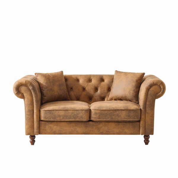 Mid Century Modern Chesterfield Sofa, Roll Armrest, Upholstered 2 Seater Couch - Brown