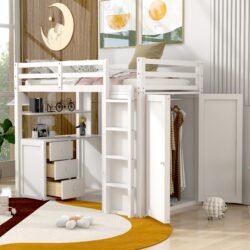 Twin Size Loft Bed With Drawers, Desk, And Wardrobe - White