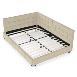 Mid Century Full Size Upholstered Tufted Bed Frame With Comfortable Backrest And Armrests Velvet - Beige