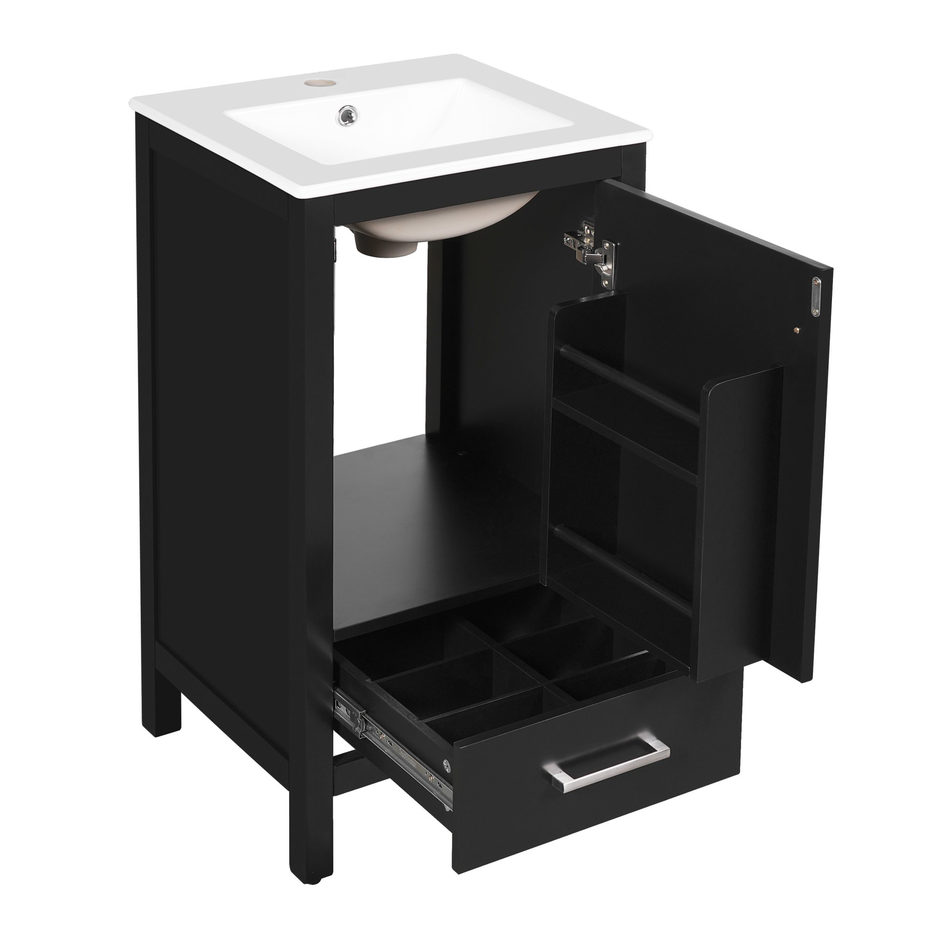 18" Bathroom Vanity With Sink, Soft Close Drawers, Door Organizer, Divider Drawer, Adjustable Foot Pads - Black - Image 14