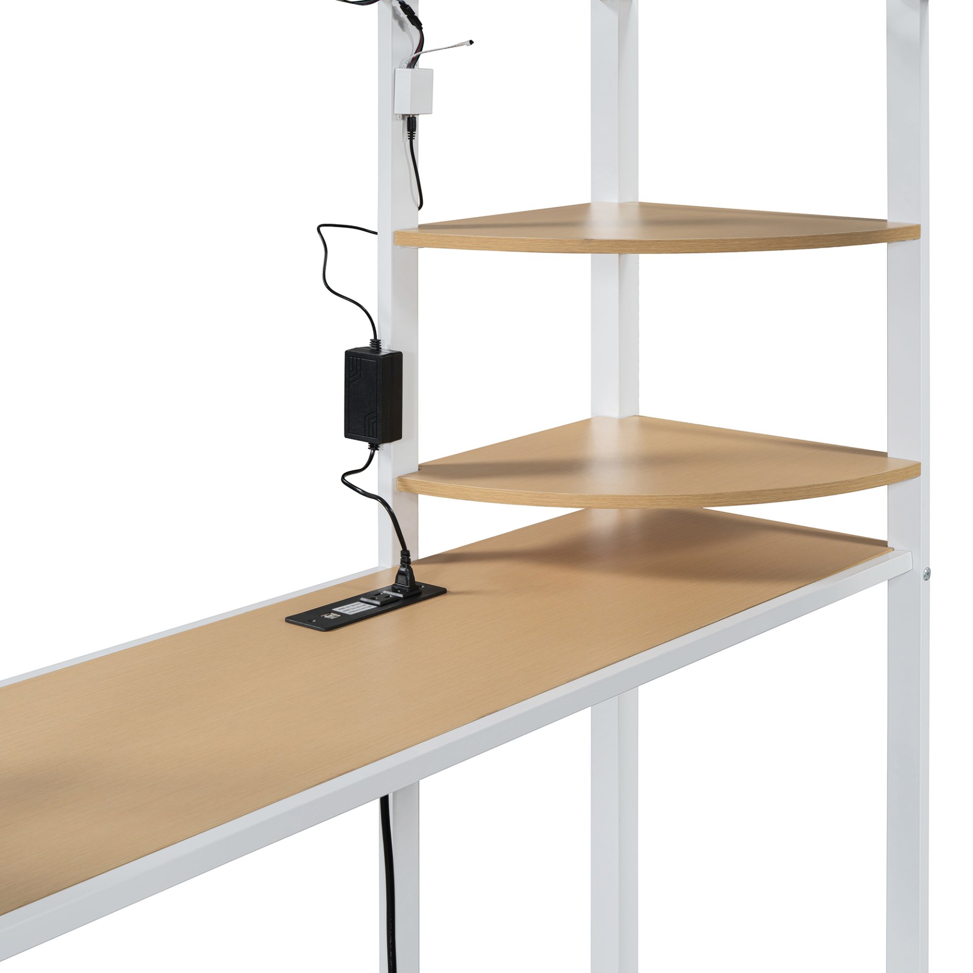 Full Size Loft Bed With Desk, Shelves, Power Outlet, LED Light And Wardrobe - White - Image 6