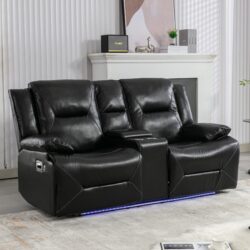 2 Seater Home Theater Recliner Manual Recliner Chair With A Led Light Strip Two Cup Holders And A Storage Box For Living Room - Black