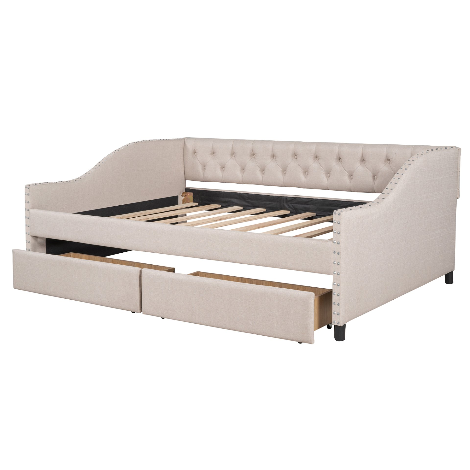 Full Size Upholstered Daybed With Two Drawers, Slat Support - Beige - Image 23