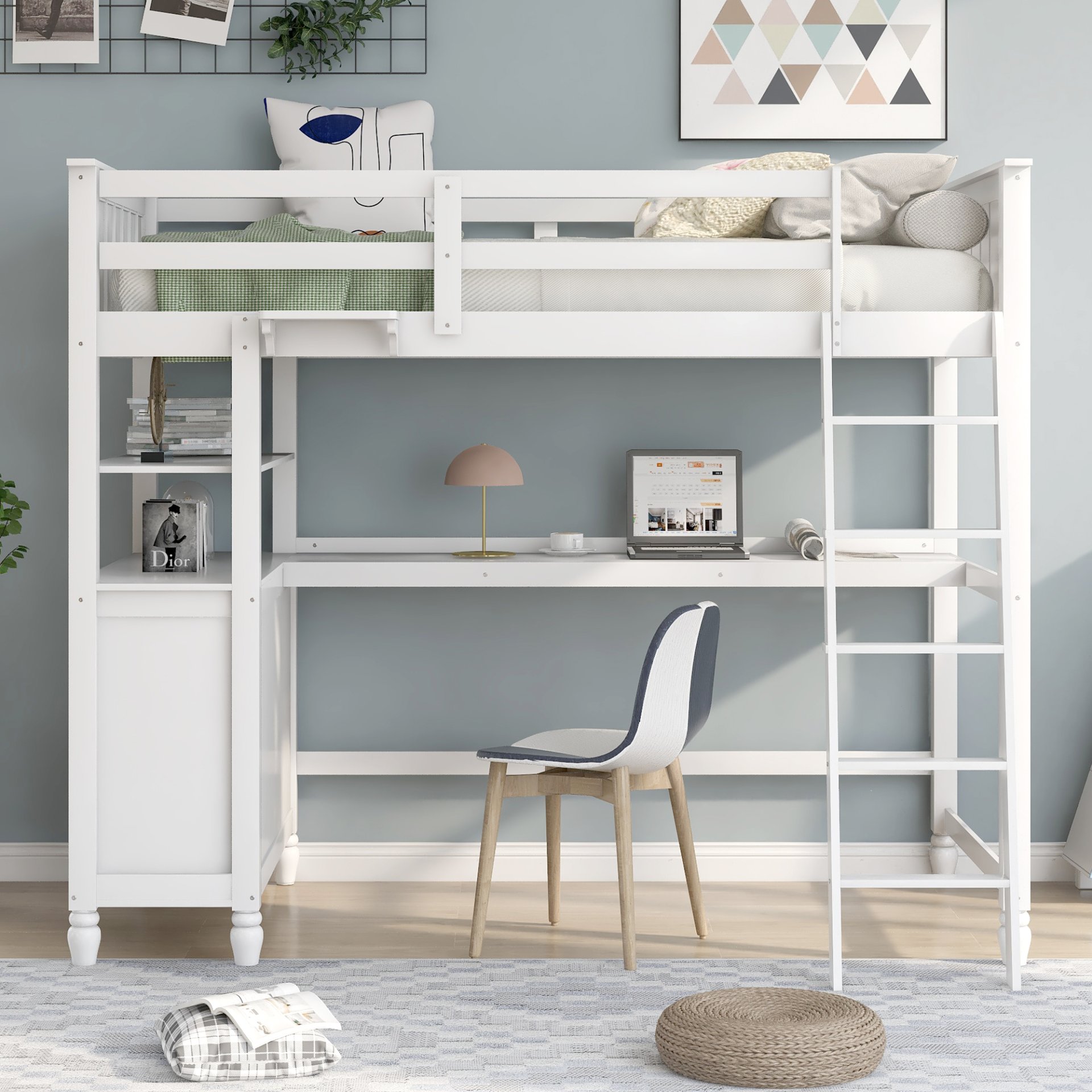 Twin Size Loft Bed With Drawers And Desk, With Shelves - White - Image 2