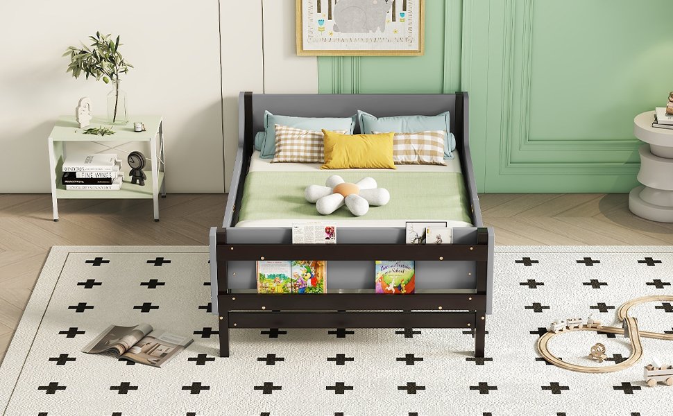 Twin Bed With Headboard, Footboard, Safeguards, Built-In Bed-End Book Storage Rack - Gray - Image 5