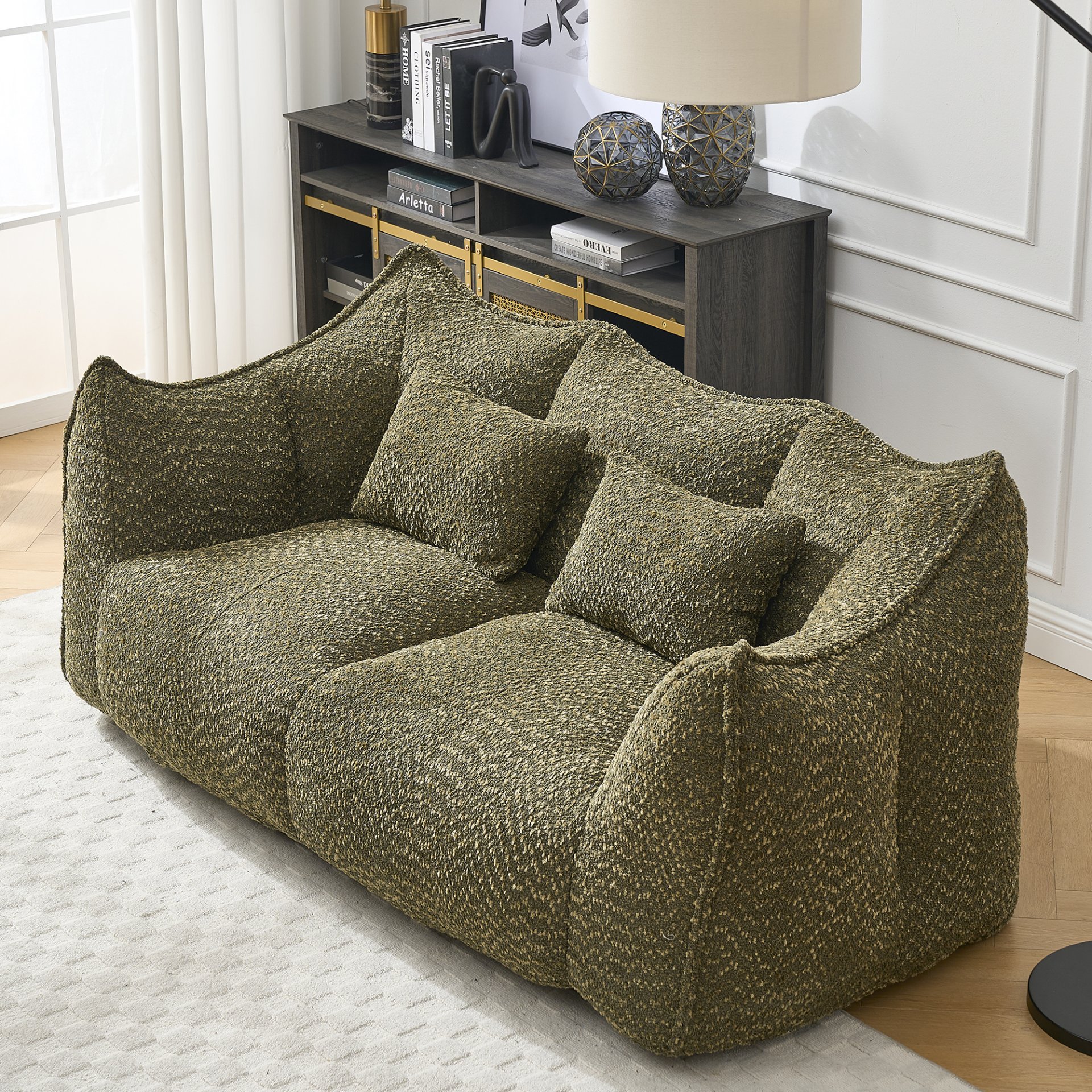 Comfortable Dual Beanbag Chair With High Resilience Foam Core For 2 People In - Olive Green - Image 11