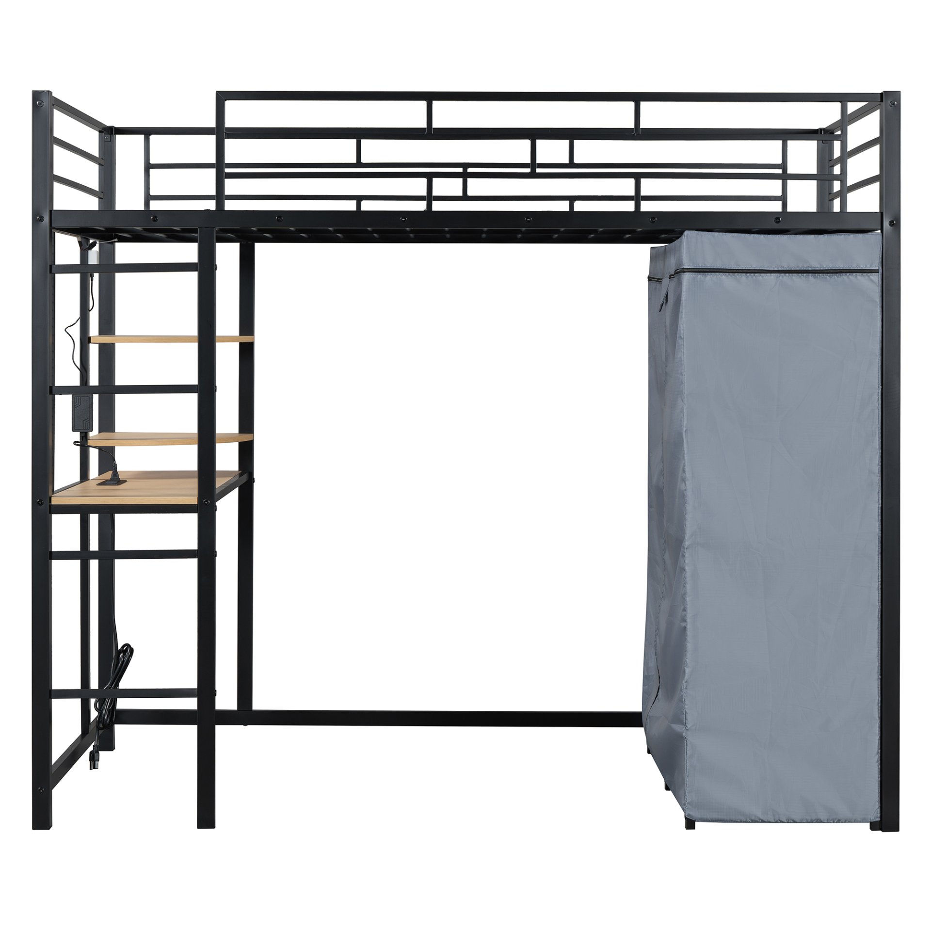 Twin Size Loft Bed With Desk, Shelves, Power Outlet, LED Light And Wardrobe - Black - Image 21