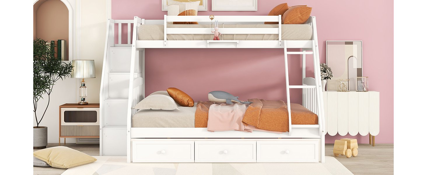 Twin Over Full Bunk Bed With Drawers, Ladder And Storage Staircase - White - Image 15
