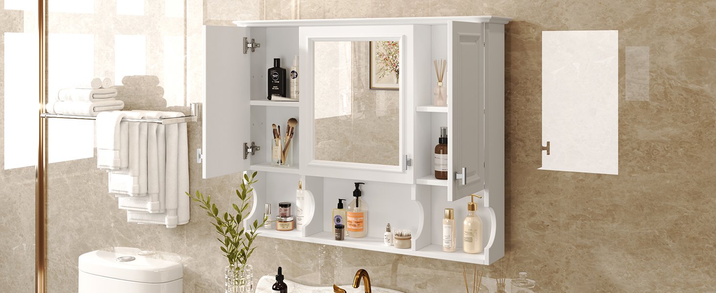 Wall Mounted Bathroom Medicine Cabinet, Modern Bathroom Wall Cabinet With Mirror, Mirror Cabinet With Open Shelves - White - Image 25