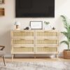 Rattan 6 Drawers Chest Of Dressers For Bedroom, Modern 6 Drawer Dresser, Wide Chest Of Drawers With Wood Handles, Rattan Dresser Storage Cabinet For Living Room, Bedroom, Hallway - Natural Wood / Oak - Image 6