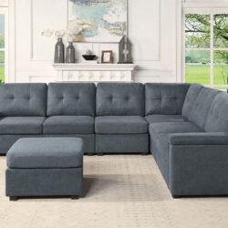 Isla - Woven Fabric 7 Seater Sectional Sofa, Ottoman - Gray